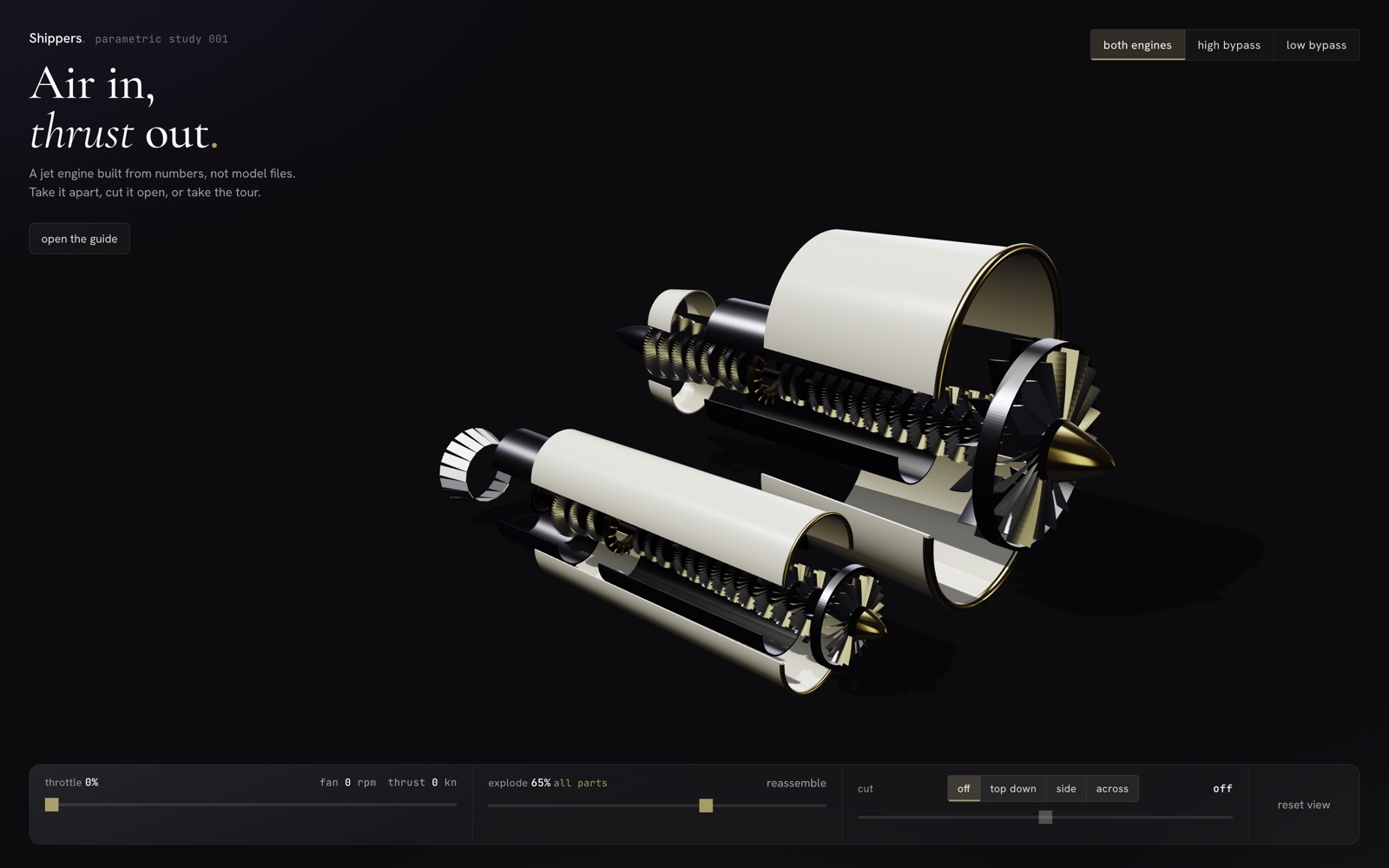 Bypass: a high-bypass and a low-bypass turbofan exploded apart, with throttle, explode and cut controls below