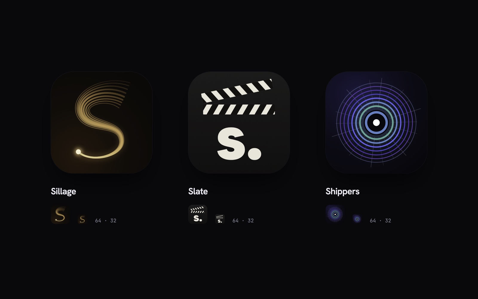 Three home-screen icons, each shown large and at 64 and 32 pixels: a scent trail for Sillage, a clapper board for Slate, the aperture for Shippers