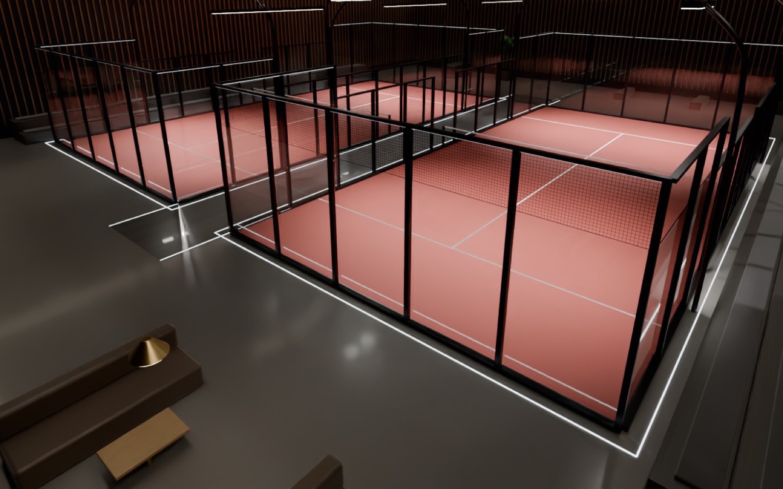 Padel: two glass-walled courts side by side in a dark slatted hall, a lounge in the foreground