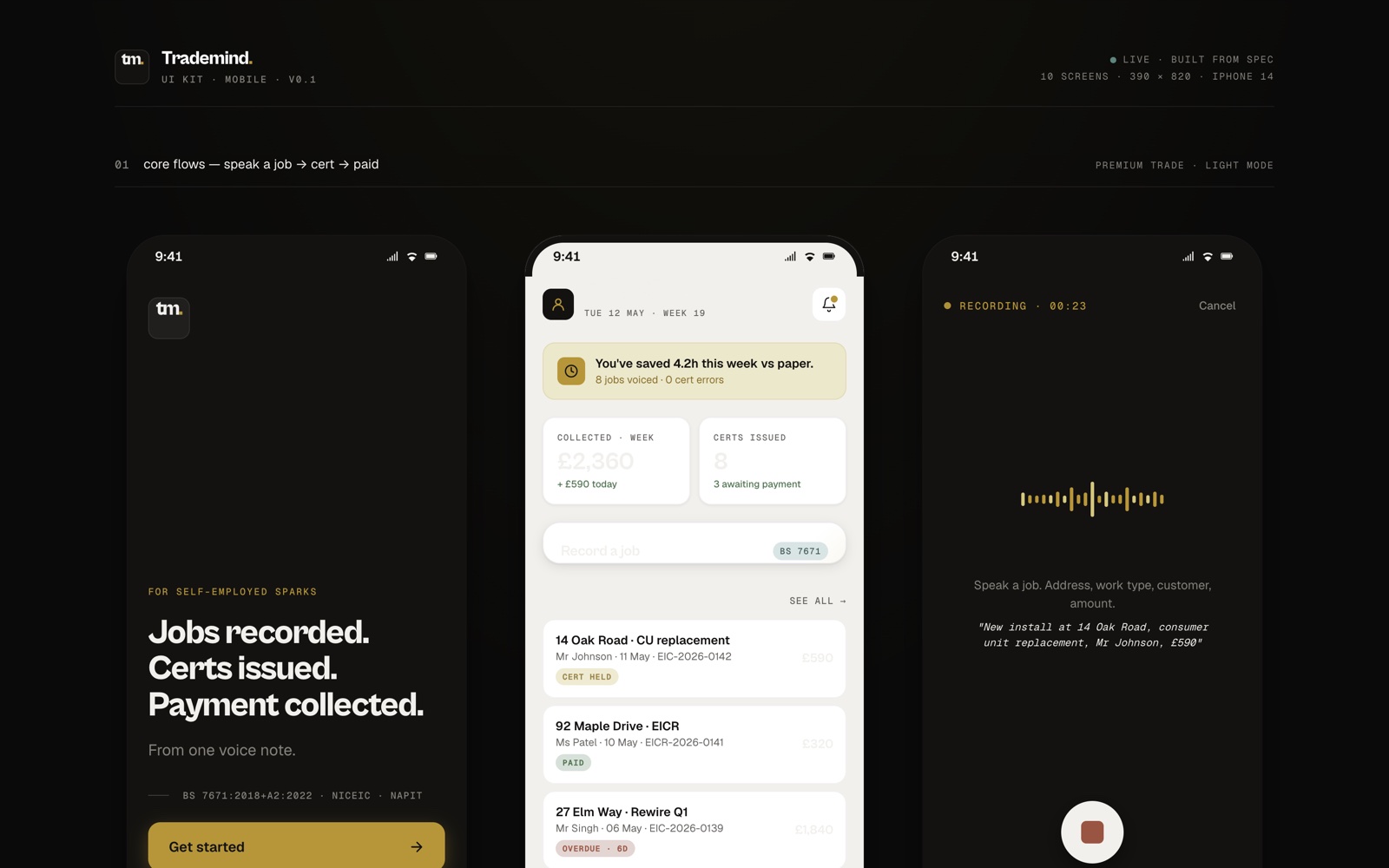 TradeMind design system: wordmark, monogram, colour tokens and a ten-screen mobile kit